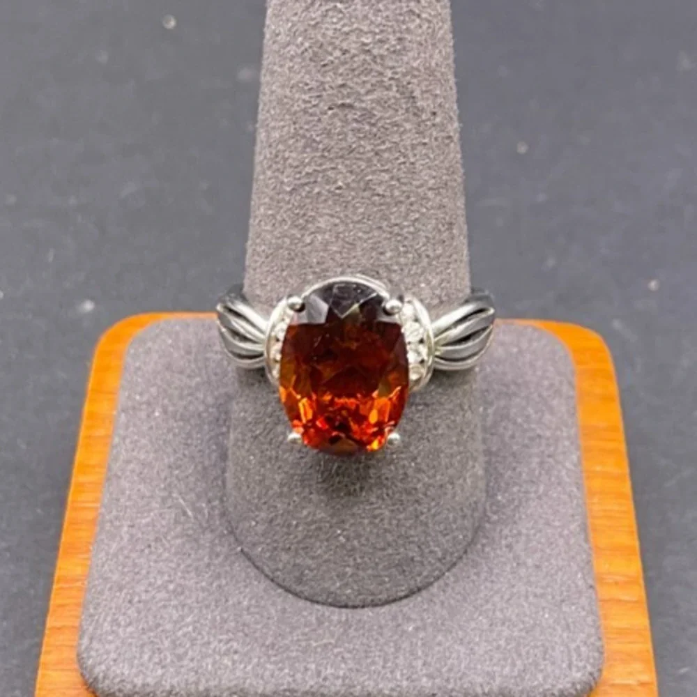 925 Sterling Silver Oval Faceted Amber Topaz CZ Solitaire Ring Accent Sz 10